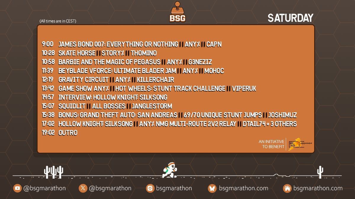 The final day of #BSGPlus2026 is upon us.

It's everything or nothing!

Today we go from barbie to beyblade and we'll finish off the marathon with Silksong as the cherry on top! 🍒

Get it?📸

👉Stream &amp; Full Schedule👈
twitch.tv/BSGMarathon
bsgmarathon.com/schedule