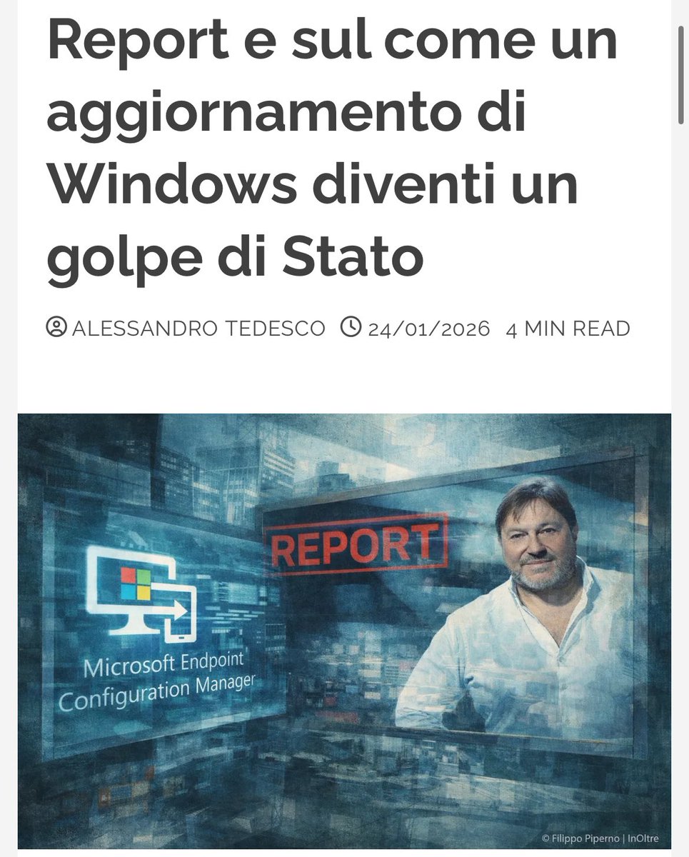 Il lavoro di #Ranucci &amp;Co: prendere una noiosa attività di manutenzione informatica (MECM) e trasformarla in un complotto eversivo.
#ReportRai ha trasformato il giornalismo d’inchiesta in una fucina di fake news colossali, propagandistiche ma anche platealmente banali.
🔗 post ⬇️
