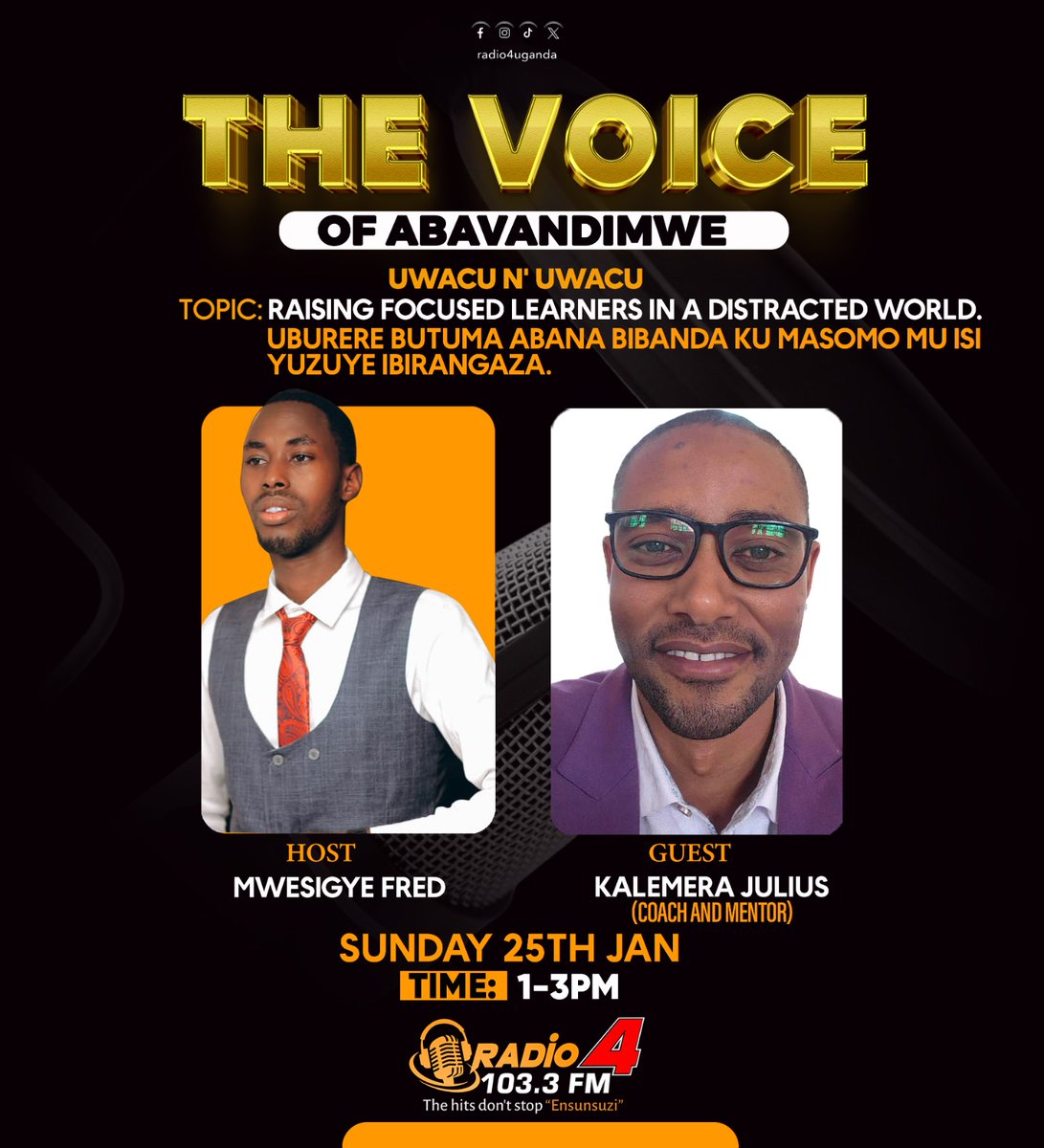 🔊   Uwacu n'uwacu
Tomorrow let's on be on Uganda's number Radio <a href="/Radio4UG/">Radio 4 |103.3 FM Ensunsuzi</a> 
The Voice of Abavandimwe ✔️ 
Dare not to miss ⚠️ 
#Abavandimwe