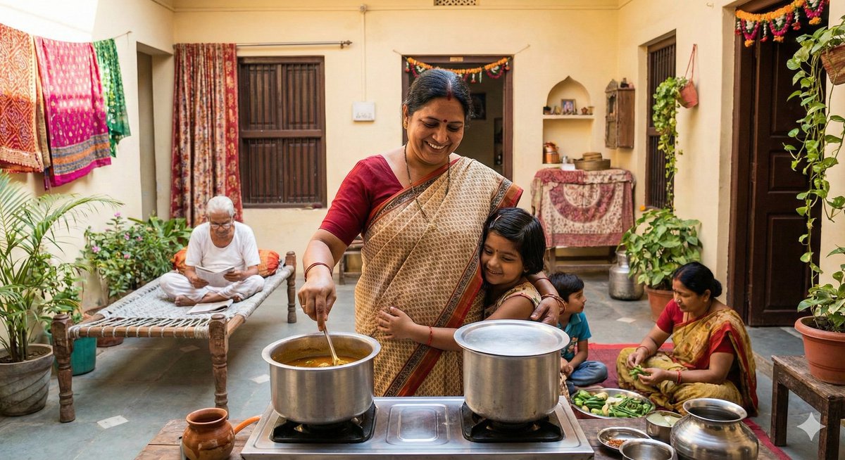 वह सिर्फ घर नहीं चलाती, वह रिश्तों का एक पूरा ब्रह्मांड रचती है।
​भारतीय स्त्री के लिए 'गृहिणी' होना केवल एक जिम्मेदारी नहीं, बल्कि एक सहज कला है, एक ऐसी सुंदर 'योजना' है जो उनके संस्कारों में बसी है।
​ईंट-पत्थर से बने मकान को 'घर' बनाने का जो हुनर भारतीय महिलाओं में है, वह सचमुच