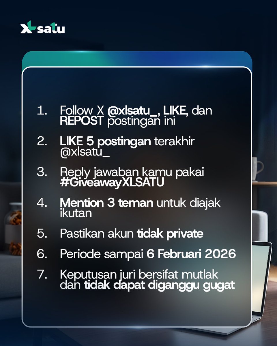 Hehehe... Reply dengan "Yang Satu-Satu Aja" dan menangkan hadiah spesial 💙
Cek mekanisme lengkapnya dan ikutan sekarang untuk menangin saldo e-wallet dari XL SATU ⚡️

#BeraniJadiSatu #SekeluargaJadiSatu #FirstMediaJadiXLSATU #GiveawayXLSATU