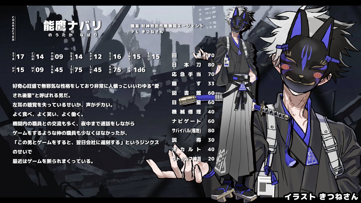 reverinu_vtuber's tweet photo. ▸▸#わっしょいこの燃え 探索者紹介◂◂

彼らは対神特別作戦機関エージェントだ。

能鷹ナバリ（PLきつねさん）
一条叙愛　（PL鍵宮シエル）
スペディル（PL緋衣）
大波大輝　（PL川犬）

🔴本日20時より個別導入
https://t.co/eHTsUCKsVs https://t.co/BgGehKzKQp