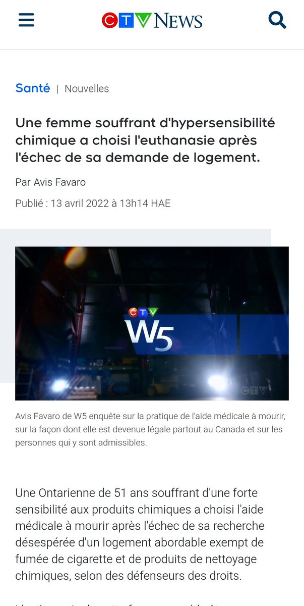Voilà où va la loi d'euthanasie euphémisée "droit à mourir" :
Au Canada, on en arrive à la demander pour "hypersensibilité chimique et refus de demande de logement".
Les dérives sont inévitables et ils le savent.
ctvnews.ca/health/article…