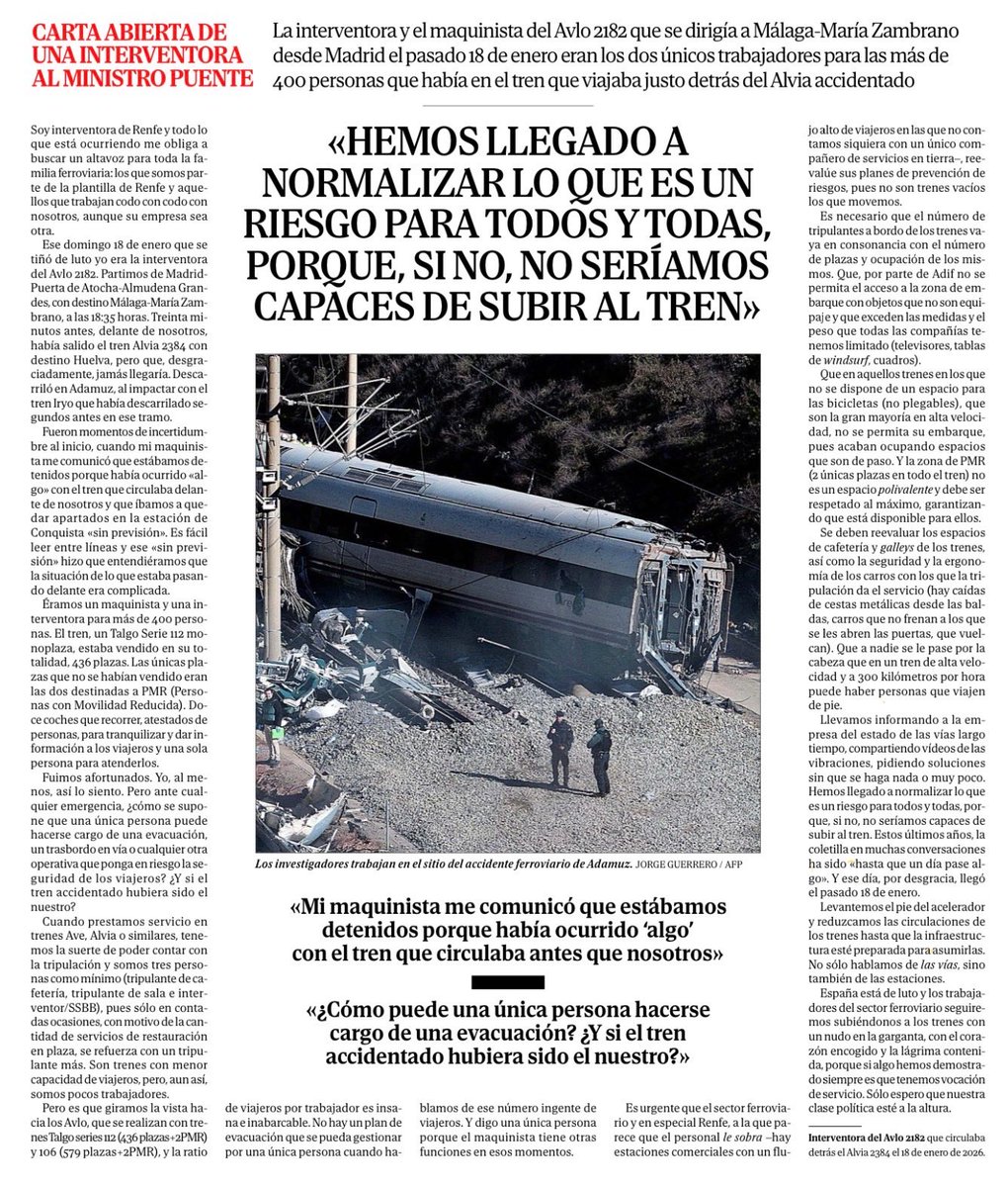 “Estos últimos años, la coletilla en muchas conversaciones ha sido “HASTA QUE UN DÍA PASE ALGO”. Y ese día por desgracia llegó”.

🚨CARTA A <a href="/elmundoes/">EL MUNDO</a> DE LA INTERVENTORA del tren que iba por detrás del Alivia siniestrado. Único personal para atender a 436 viajeros.