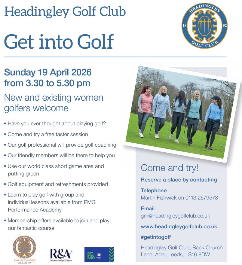 headingleygolf's tweet photo. 🏌🏻‍♀️ FREE WOMENS GOLF TASTER SESSION 🏌🏻‍♀️ 

👋 Come and Get into Golf in a fun and friendly environment.

🗓️ Sunday 19th April at 3.30pm. 
👚 Dress code is casual sportswear,
✅ All equipment provided.

More info here: https://t.co/8XoU9b94t0

#getintogolf #womensgolf https://t.co/t7kscP1W4k