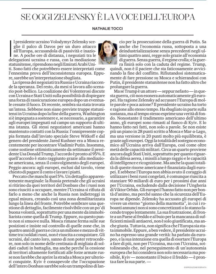 Zelensky ha parlato da europeo, e la sua intenzione era quella di esortare l’Europa a fare di più, non per l’Ucraina, ma con l’Ucraina, sottolineando che nel perseguimento di un’autonomia europea è pronta a fare la sua parte. Oggi su La Stampa