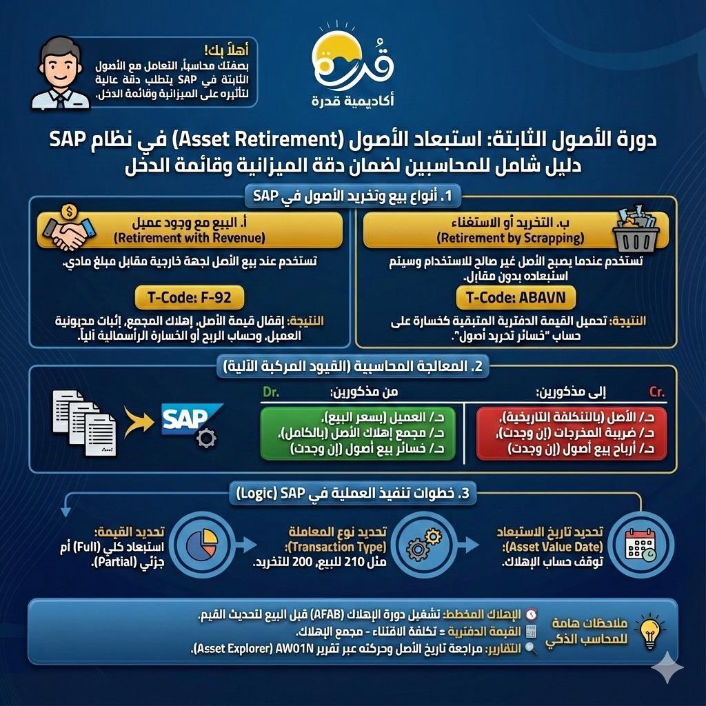 التفاصيل بالصورة تشرح لك كل شيء تحتاج تعرفه عن التخلص من الاصول ببيعها او الاستغناء في برنامج المحاسبة الشهير بالشركات SAP