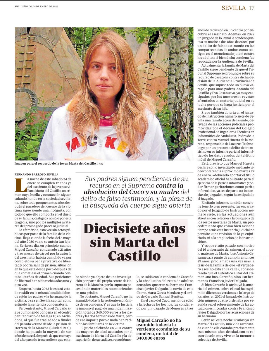 jlsanzalcalde's tweet image. Hoy volvemos a recordar a Marta del Castillo.

Hace 17 años, Sevilla se unió para llorar el asesinato de una joven a la que jamás olvidaremos.

Mi abrazo a su familia, que sigue sin poder despedirse de ella. Un crimen que sigue rompiéndonos el alma.

Siempre estará con nosotros.