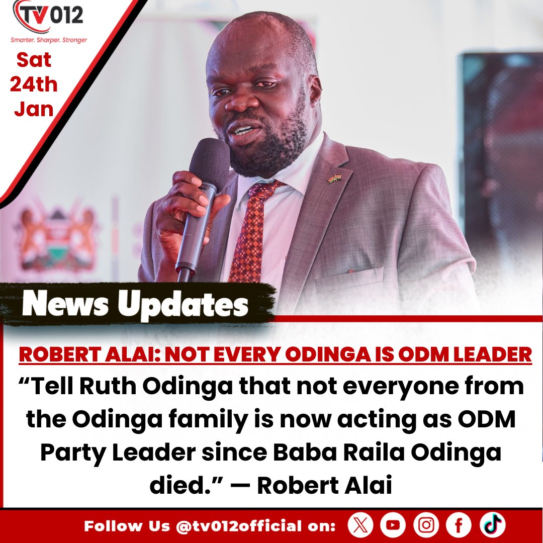 tv012official's tweet image. Robert Alai: Not Every Odinga Is ODM Leader

“Tell Ruth Odinga that not everyone from the Odinga family is now acting as ODM Party Leader since Baba Raila Odinga died.” — Robert Alai

#RobertAlai #RuthOdinga #ODM #RailaOdingaLegacy #KenyaLeadership #tv012newsupdate
