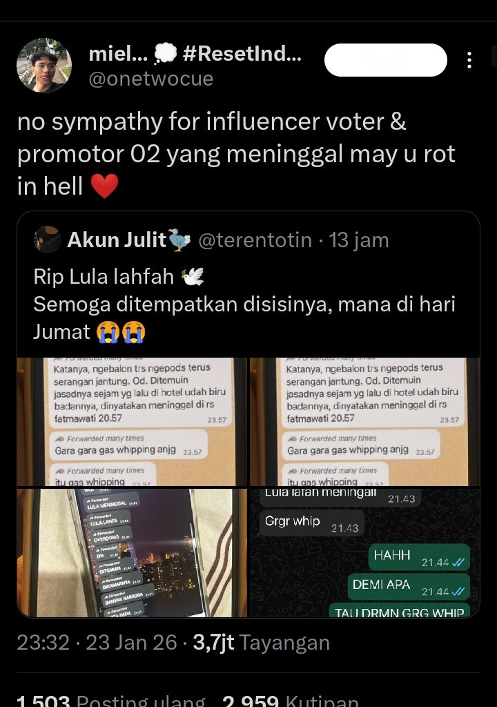 Heraloebss's tweet image. Hari ini yang meninggal bukan lawan politikmu, tapi seorang manusia bernama Lula, 
Jika duka saja masih dipelintir, mungkin yang perlu dikuburkan adalah nuranimu.

Jika tidak bisa seperti Keanu atau netizen yang mengucapkan Innalillahi minimal kamu empati

Rest in Love