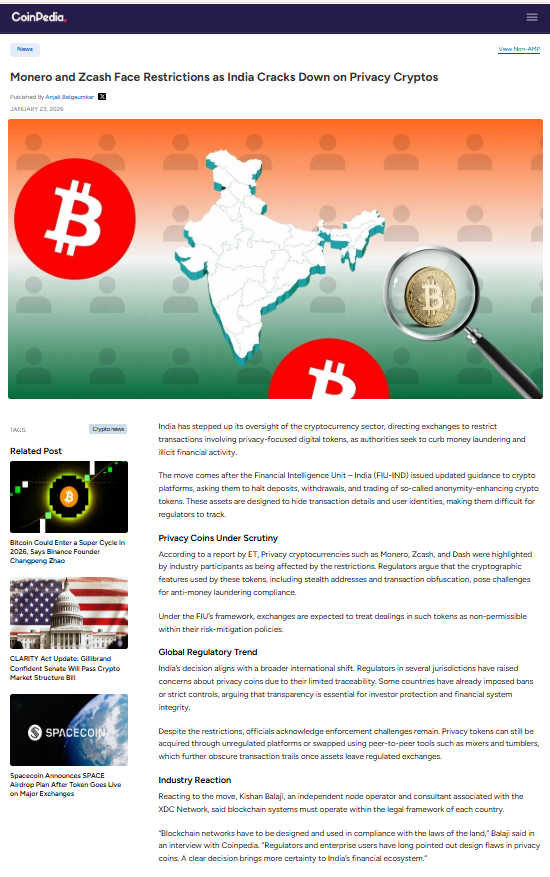 India Tightens Oversight on Privacy-Focused Crypto Tokens
India’s Financial Intelligence Unit – India (FIU-IND) has asked crypto exchanges to restrict transactions involving privacy-enhancing tokens, citing AML and illicit finance risks.

The move reflects a broader global push