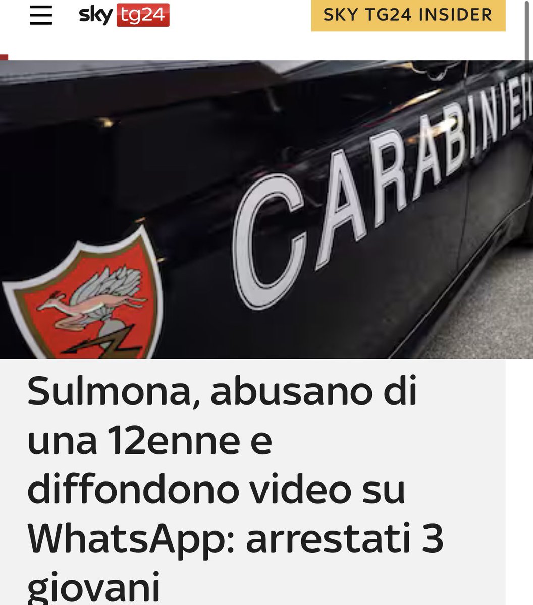 Sulmona (AQ):
3 stranieri “nuovi italiani”, violentano in gruppo una bambina di 12 anni, la minacciano di morte, filmano tutto e poi pubblicano il video della violenza su dei gruppi online.

Arrestati, uno è stato portato nel carcere di Sulmona e 2 nel carcere minorile di Casal