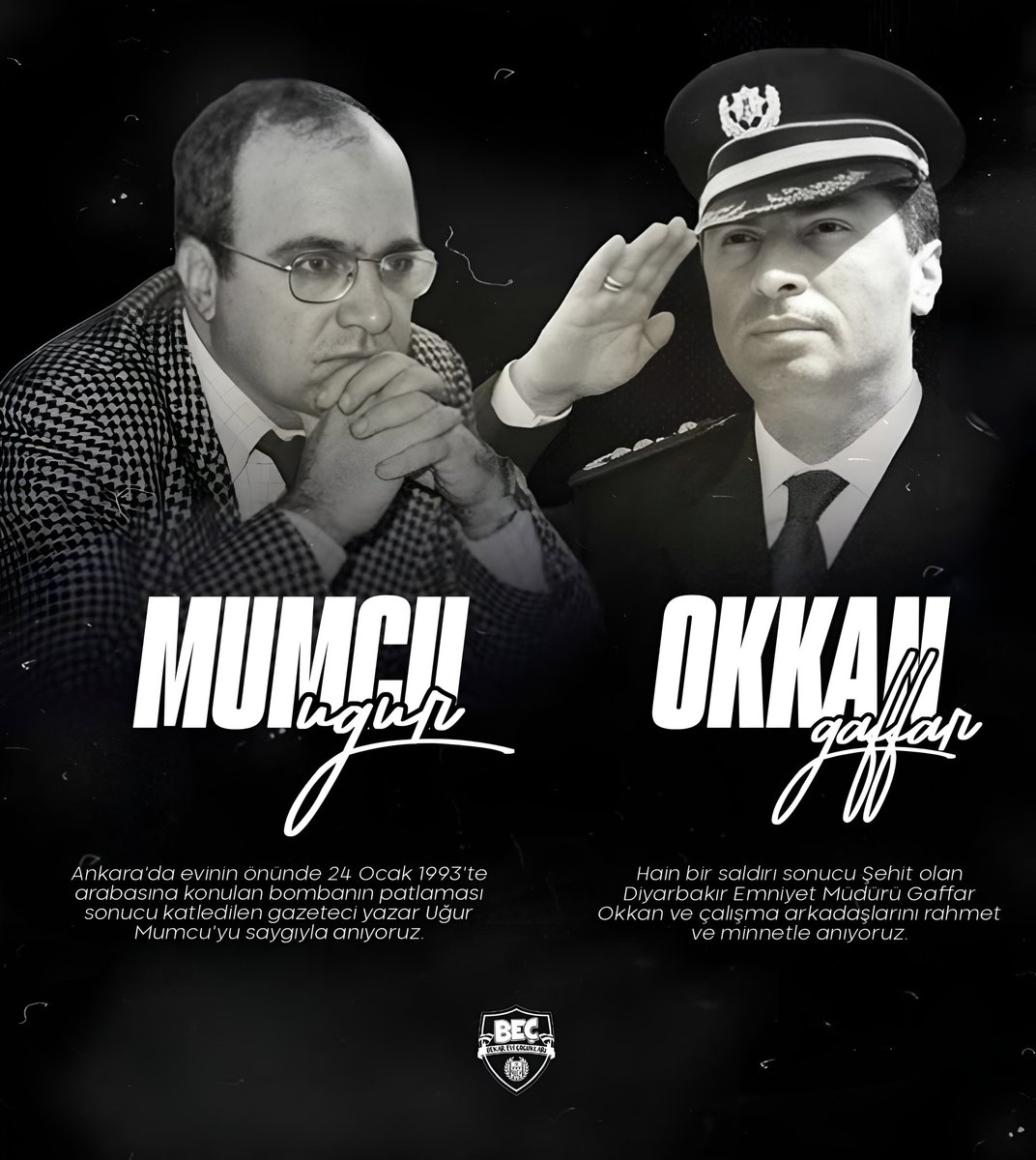 Hain bir saldırı sonucu şehit olan emniyet müdürümüz Ali Gaffar Okkan ve bombalı saldırı sonucu katledilen ülkemizin önemli gazetecilerinden Uğur Mumcu'yu rahmet ve saygıyla anıyoruz. 

#UğurMumcu 
#AliGaffarOkkan