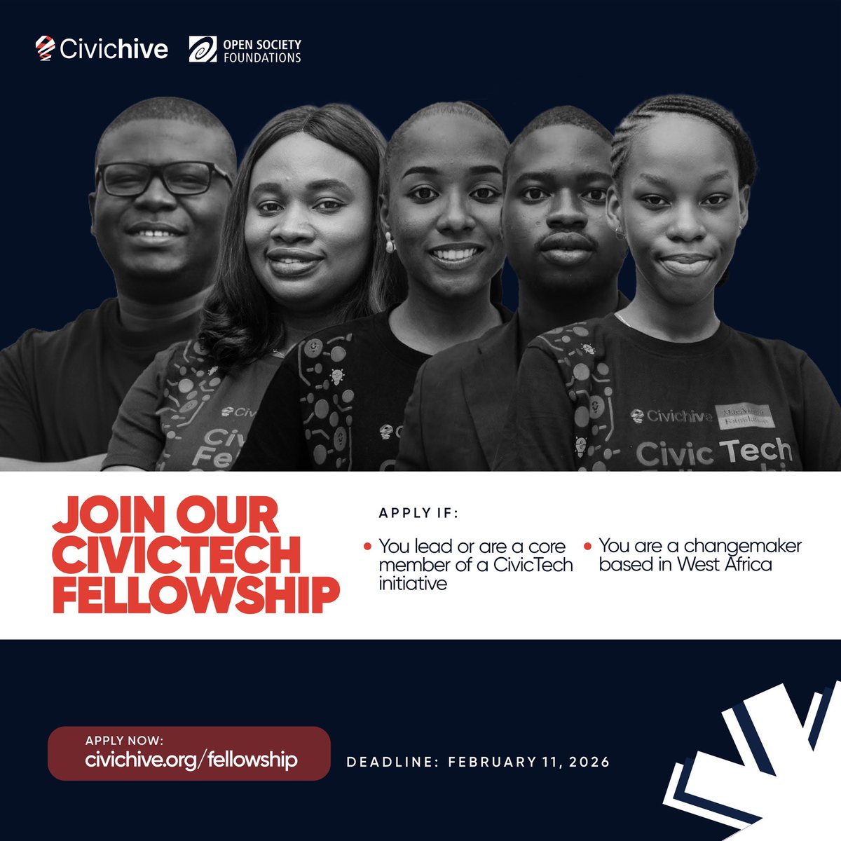 The moment is here. Applications are officially OPEN for the 2026 Civic Tech Fellowship. 

Are you building a tech solution for justice, governance, climate, or health in West Africa? This is your call.

We're looking for the next wave of innovators ready to scale their impact