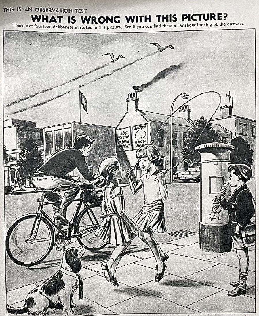 An observation test for your inner 8-year-old. 
You’ll be doing well to spot 12 deliberate mistakes.

From Treasure magazine, 1963
Official answers coming soon

(Even if you don’t reply, could you please ‘like’ or share this one?)