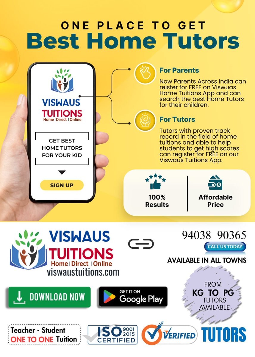 viswaus's tweet photo. ONE PLACE TO GET THE BEST HOME TUTORS | Perfect tutor for your child!

Download Now on Google Play
📞 Call Us Today: 94038 90365
🌐 Website: https://t.co/8pdW2LQGkR

#ViswausTuitions #HomeTutorsIndia #BestTutors
#OnlineTuition #HomeTuition #OneToOneTuition
#EducationIndia https://t.co/6rLCZVjG75