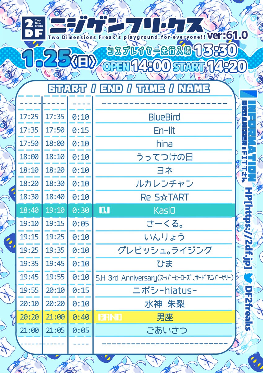明日は #ニジフリ 61！11周年となる一日のタイムテーブルをお知らせします。
出演者紹介もあわせてどぞ！
めちゃくちゃやるぞおまえら=͟͟͞͞⊂( ’ω’ )=͟͟͞͞⊃
1/25(日)14:00~ニジゲンフリークス ver61.0 出演者紹介
2df.jp/2df-blue/blue6…