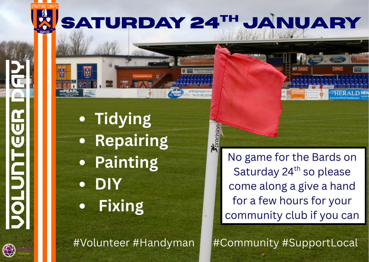 StratfordTownFC's tweet image. TODAY
With no league game TODAY the Bards are holding a Volunteers Day to help with outstanding general maintenance  jobs around the club.  If you can help even for an hour please turn up this morning and ask for Jordan . #Thankyou #LocalSupport