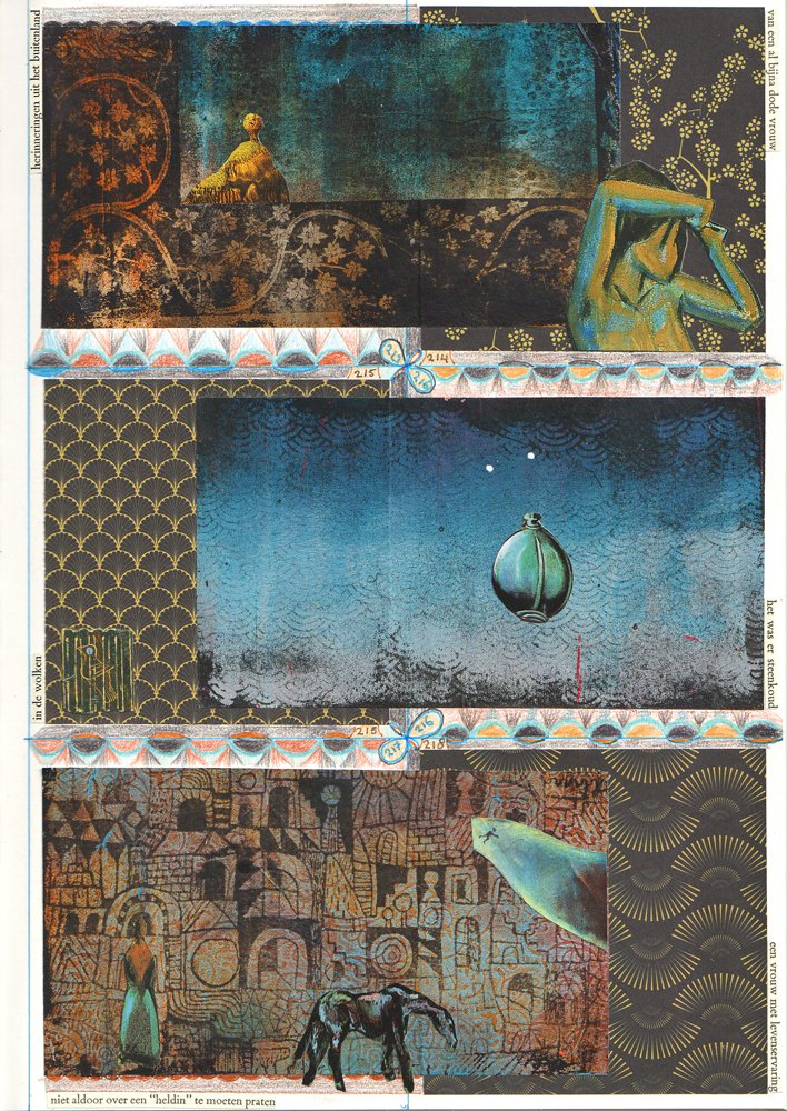 Heldinne's tweet image. vals gespeeld: de bladzij met 213 tm 218 van #the300dayproject in 1x gemaakt omdat ik de bovenste gelliprint te mooi vond om te verknippen
#collage op #imagetransfer #gelliprints en origamiblaadjes, decoratie in kleurpotlood en marker, tekstregels uit boek
#the100dayproject