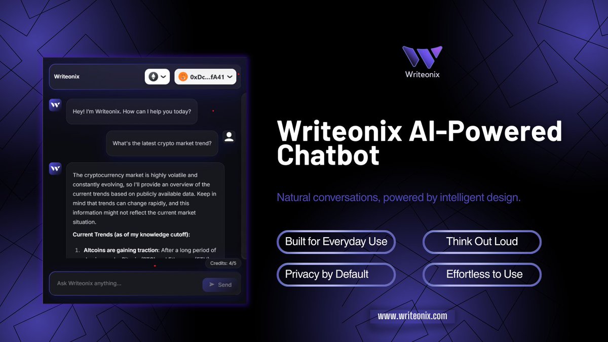 Writeonix's tweet photo. 🤖 Meet the Writeonix AI-powered chatbot

Built for natural conversation, Writeonix listens, understands context, and helps you think clearly—without complex prompts or setup.

Simple to use. Privacy-first. Human-centric by design.
This is how AI should feel.

👉Try Writeonix - https://t.co/GoX9mgHp6k

#Writeonix #AIChatbot #ConversationalAI #HumanCentricAI #PrivacyFirst