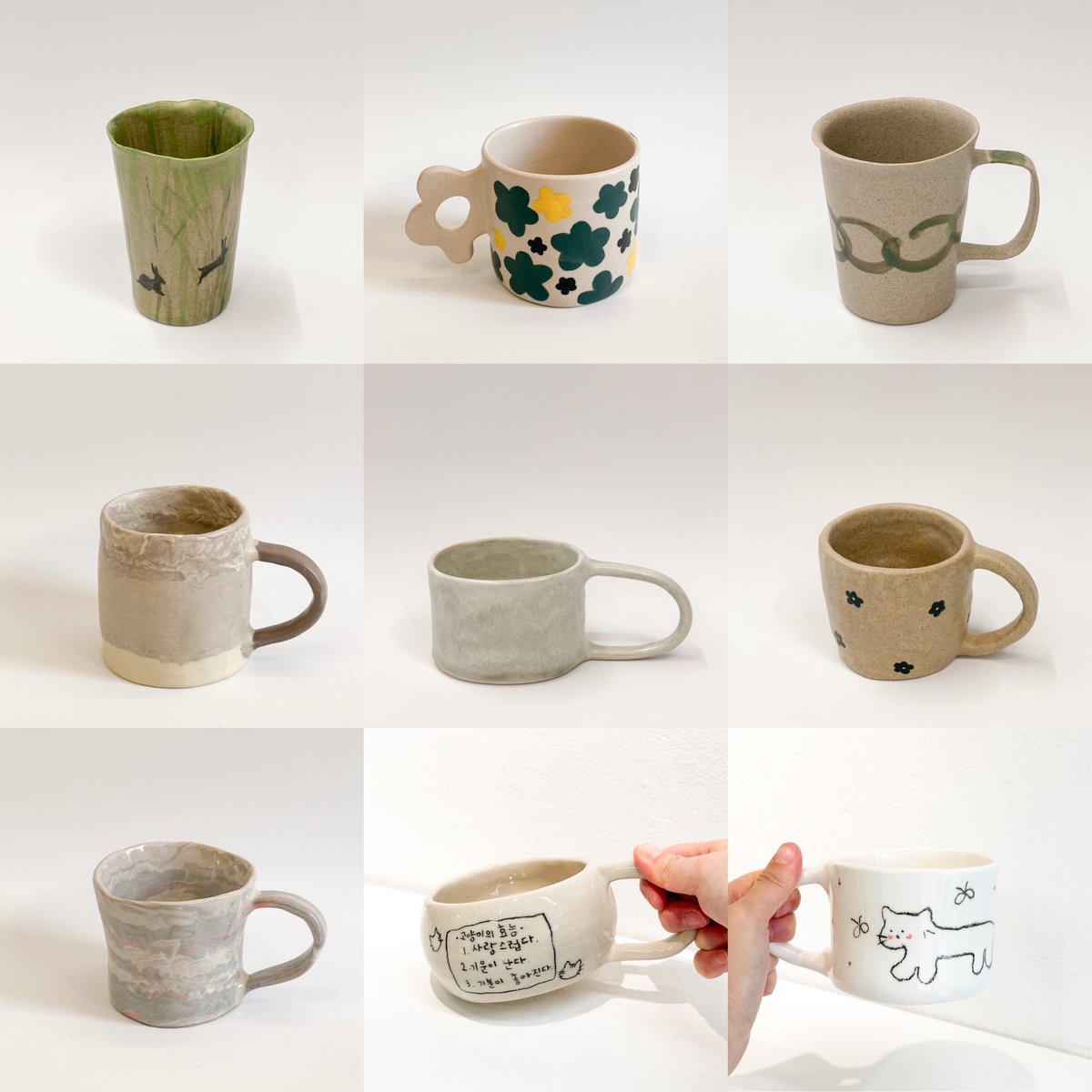 핸드빌딩 정규반에서 
판작업, 코일링, 핸드페인팅까지.
각기 다른 방식으로 천천히 완성된 작업들입니다.

흙을 쌓아 올리고, 두께를 맞추고, 마무리 다듬기까지.
많은 시간과 집중이 필요합니다.

물레 작업만큼 정갈한 형태도 가능하고
손맛이 살아 있는 자연스러운 분위기의 작업도 가능합니다.
