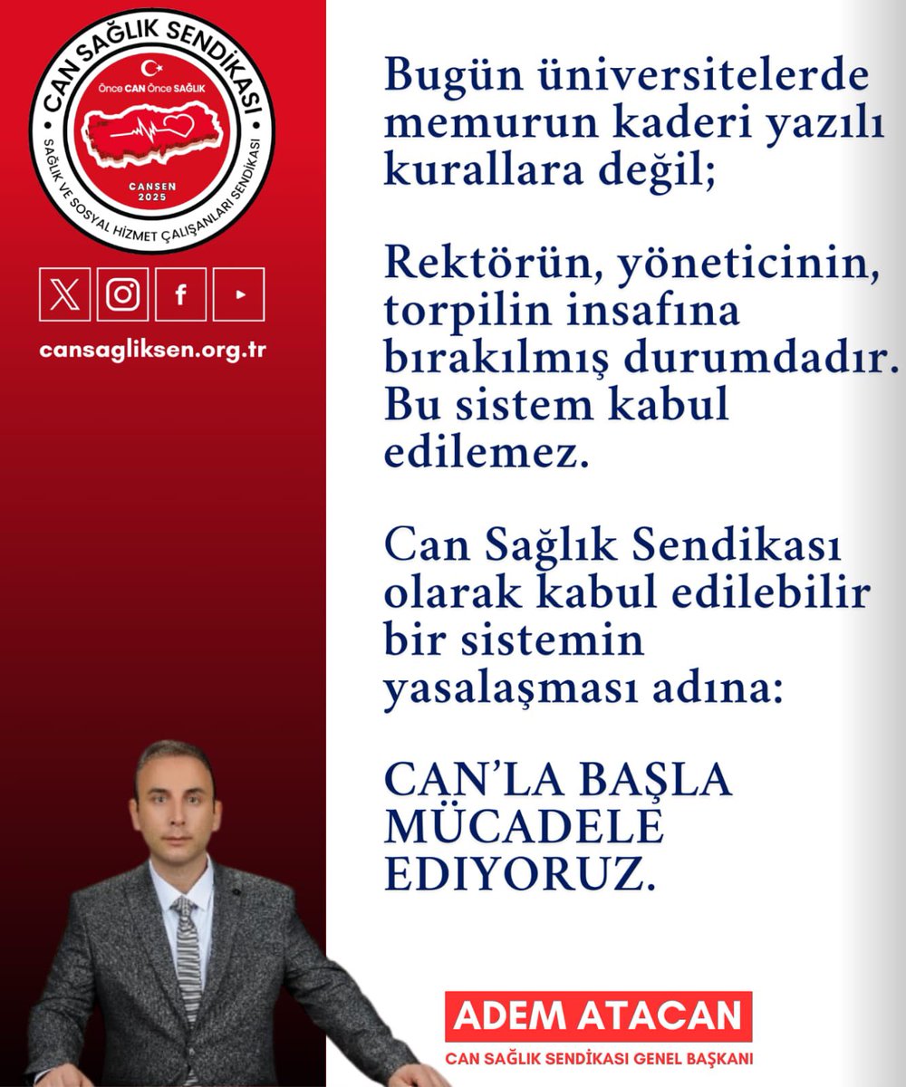 BUGÜN ÜNİVERSİTELERDE MEMURUN KADERİ;
YAZILI KURALLARA DEĞİL,
REKTÖRÜN, YÖNETİCİNİN, TORPİLİN İNSAFINA BIRAKILMIŞ DURUMDADIR.

BU SİSTEM NE ADALETLİDİR
NE DE KABUL EDİLEBİLİRDİR.

AİLE BÜTÜNLÜĞÜNÜ YOK SAYAN,
ANAYASAL HAKLARI GÖRMEZDEN GELEN,
KEYFİ UYGULAMALARA DAYALI BU DÜZEN