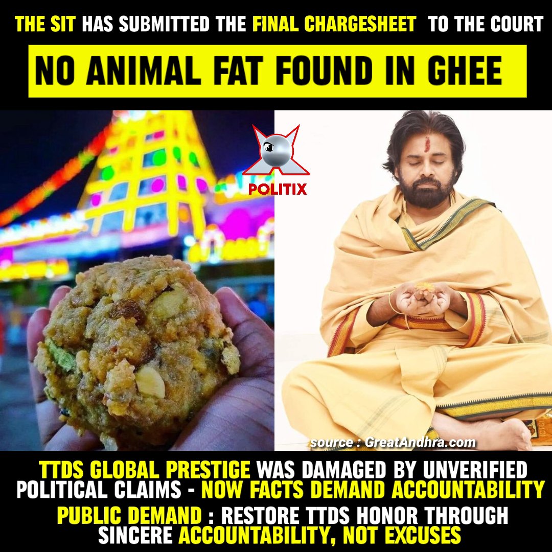 YSJFansCampaign's tweet photo. No animal fat was used in the Tirumala laddu 

A CBI-led SIT has filed the chargesheet in court. https://t.co/oX60nrbKf0