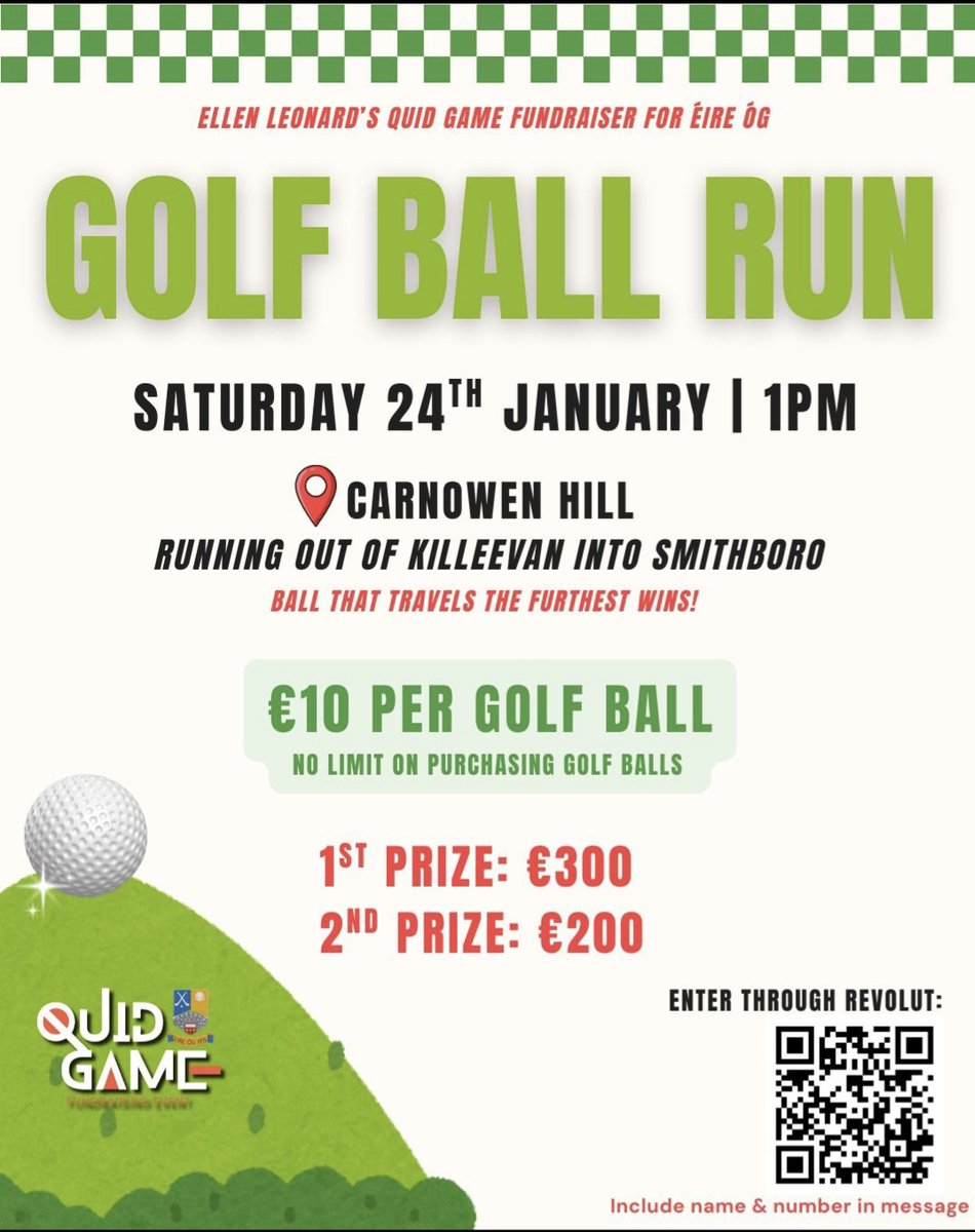 GOLF BALL RUN, STILL TIME.
Get all the latest news on the Éire Óg Na Mullaí CLG app member.clubspot.app/club/eire-og-n…