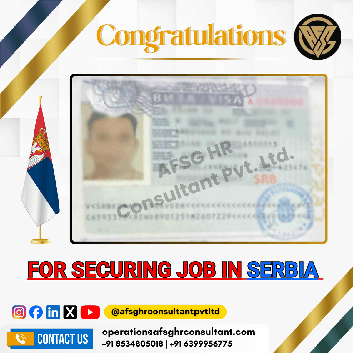 🎉 Congratulations! 🎉
Another successful overseas placement 🇷🇸✨

AFSG HR Consultant Pvt. Ltd. proudly congratulates the candidate for securing a job in Serbia.

📞 +91 85348 05018| +91 63999 56775
✉️ operation@afsghrconsultant.com
🌐 afsghrconsultant.com

#AFSGHRConsultant