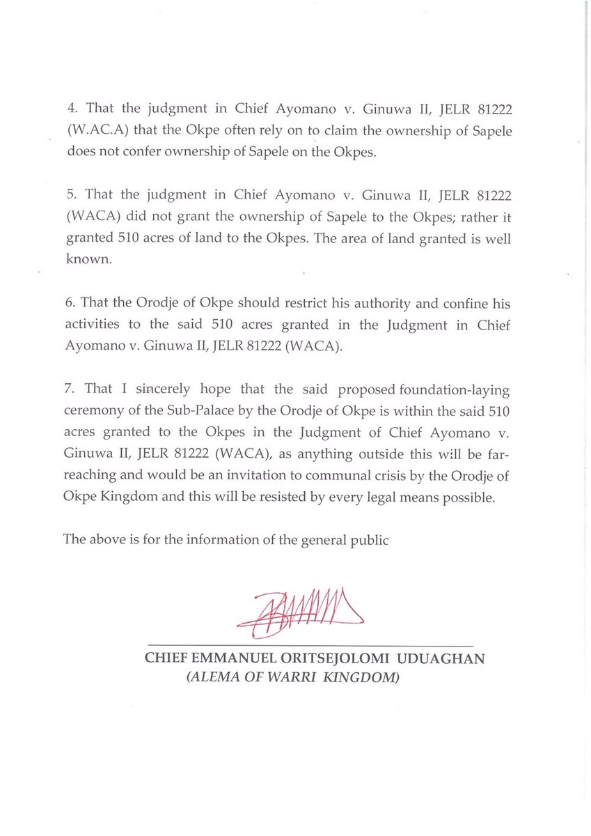 Lord_Of_Warri's tweet image. BREAKING: Alema of Warri Kingdom Issues Caveat as Okpe Kingdom Proposes Sub-Palace in Sapele

Sapele, Delta State | January 24 2026

The Alema of Warri Kingdom, Chief Emmanuel Oritsejolomi Uduaghan, has issued a Caveat Emptor to the general public following an announcement by the…
