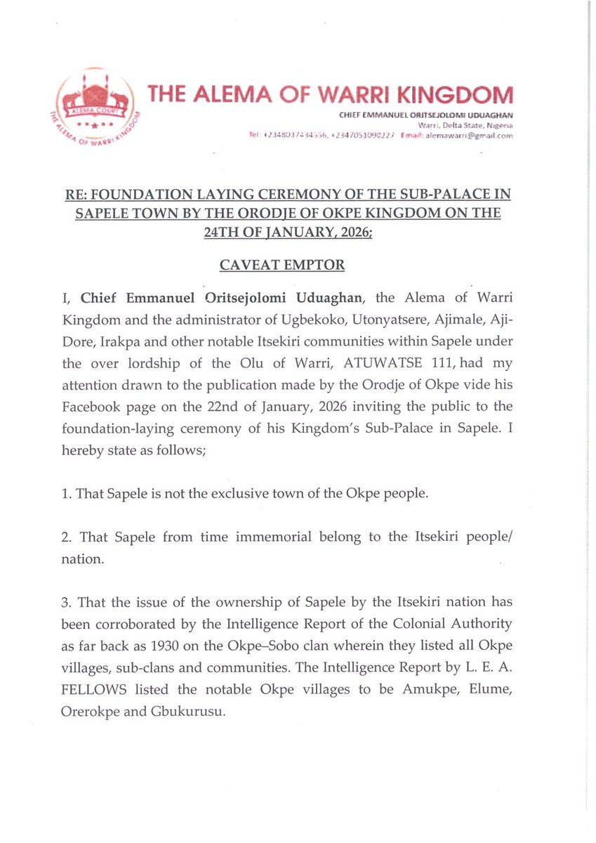 Lord_Of_Warri's tweet image. BREAKING: Alema of Warri Kingdom Issues Caveat as Okpe Kingdom Proposes Sub-Palace in Sapele

Sapele, Delta State | January 24 2026

The Alema of Warri Kingdom, Chief Emmanuel Oritsejolomi Uduaghan, has issued a Caveat Emptor to the general public following an announcement by the…