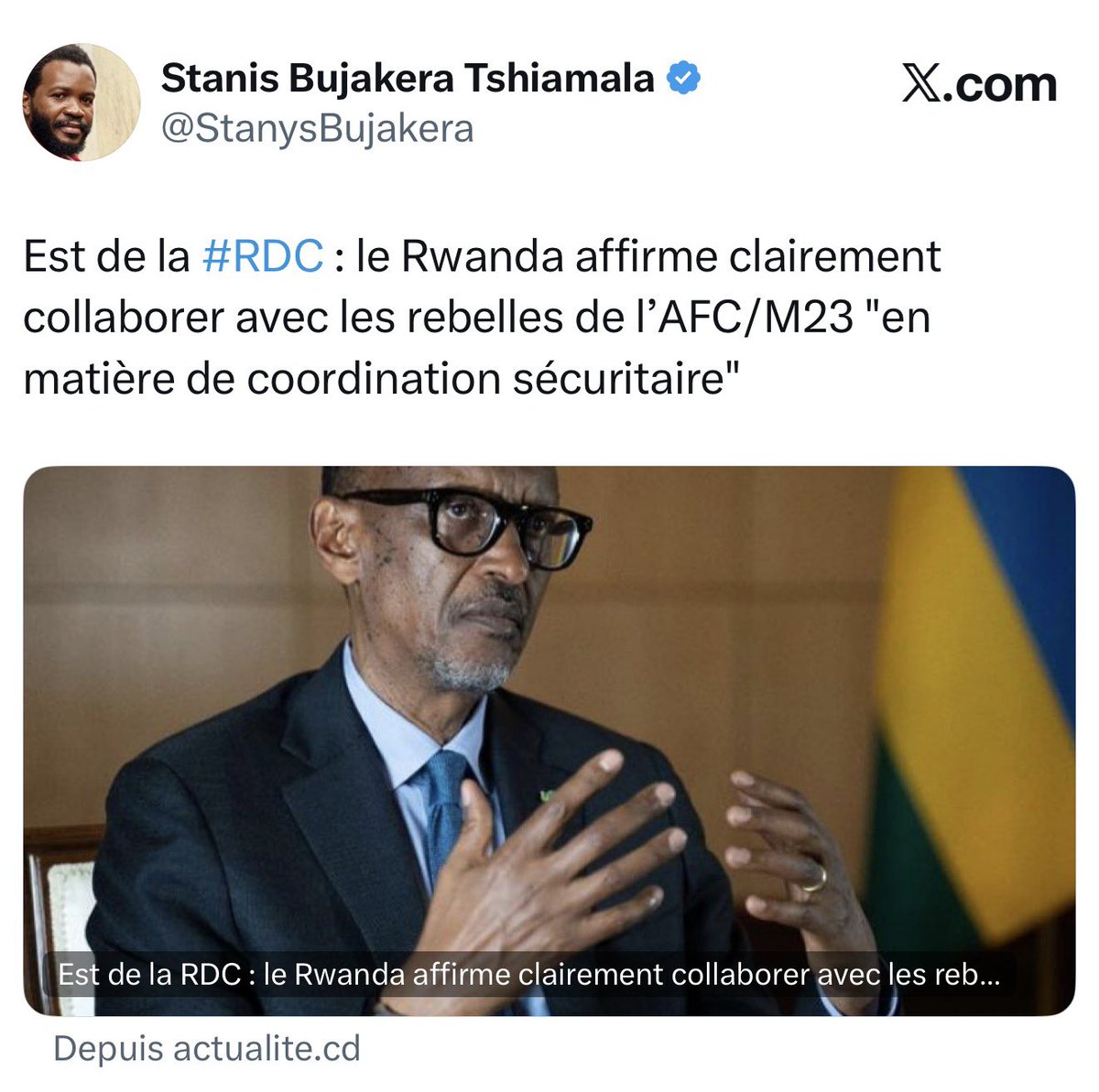 petertiani007's tweet photo. #RDC…

 Enfin !!!

🙆🏿‍♂️🙆🏿‍♂️🙆🏿‍♂️🙆🏿‍♂️🙆🏿‍♂️🙆🏿‍♂️🙆🏿‍♂️🙆🏿‍♂️🙆🏿‍♂️

La déclaration est grave !!

Hier, on a nié !!
Hier, on a réfuté !!

Aujourd’hui, à la face du monde, KAGAME, dos au mur, avoue collaborer avec le M23.

Le même M23 dont KABILA disait qu’ils représentaient les aspirations du peuple !!

Que s’est-il passé ???

🙆🏿‍♂️🙆🏿‍♂️🙆🏿‍♂️🙆🏿‍♂️🙆🏿‍♂️🙆🏿‍♂️🙆🏿‍♂️