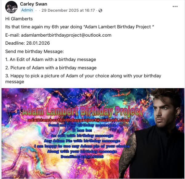 Hi #Glamberts 

There is 4 days til the deadline, If you haven't posted your submissions to:

adamlambertbirthdayproject@outlook.com

Thanks