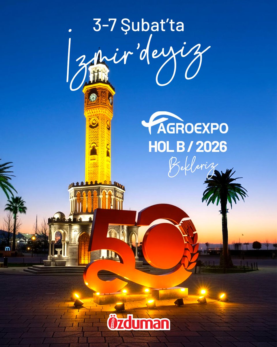 🚜🌾 Agroexpo İzmir’de buluşalım!

Sahada performansı kanıtlanmış, yüksek verim odaklı tarım makinelerimizi Agroexpo İzmir’de yakından incelemeniz için davetlisiniz.

🚩 Hol B  Stand 2026
📅 3–7 Şubat 2026
📍 Fuar İzmir

#özduman #toprakişlemeninustası #ekiminustası