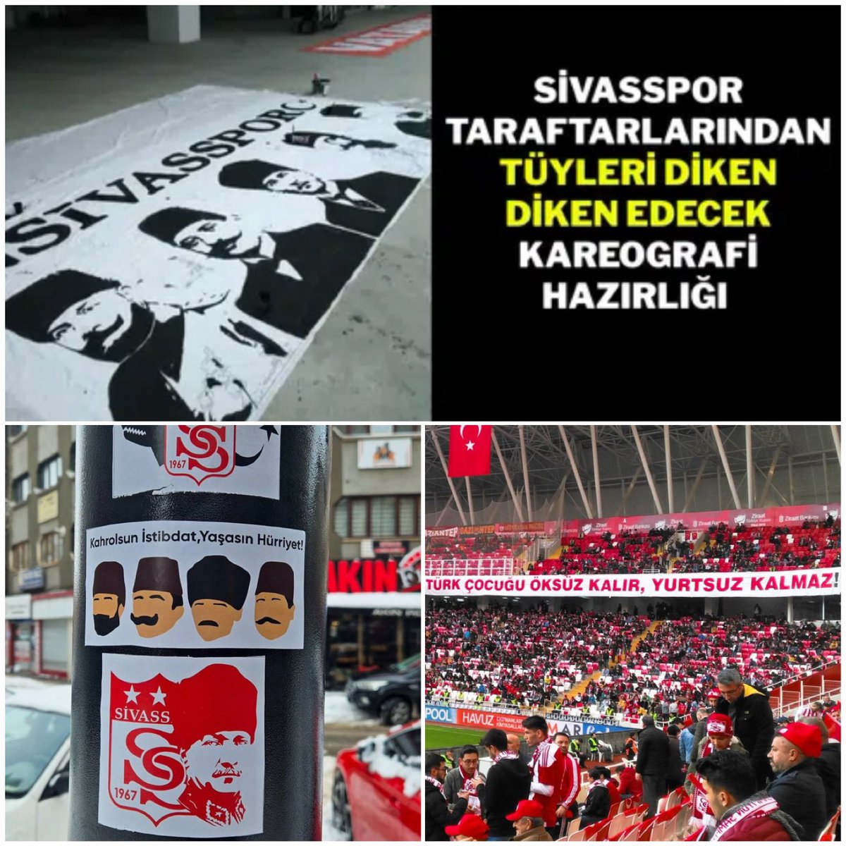 Sivasspor, Pazar(yarın) 16.00’da bölücülerin takımı Am*dspor ile oynayacak.
Bu maça özel Atatürk-Cemal Paşa-Enver Paşa- Talat Paşa’lı kareografi hazırlıyorlar.
Tüm Sivas halkını stada davet ediyoruz!
Sizdeyiz Yiğidolar 🇹🇷🇹🇷🇹🇷