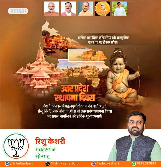 उन्नति के रथ पर, बदलाव के पथ पर उत्‍तर प्रदेश"
उत्तर प्रदेश सर्वोत्तम प्रदेश स्थापना दिवस की बहुत-बहुत बधाई 

<a href="/narendramodi/">Narendra Modi</a> <a href="/NitinNabin/">Nitin Nabin</a>  <a href="/myogiadityanath/">Yogi Adityanath</a> <a href="/idharampalsingh/">Dharampal Singh</a> <a href="/mppchaudhary/">Pankaj Chaudhary</a> <a href="/Bhupendraupbjp/">Bhupendra Singh Chaudhary</a>
