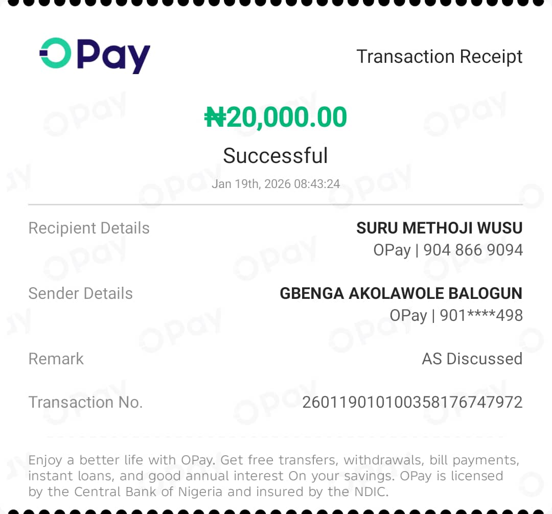 decarpo1's tweet photo. @OPaySupport I mistakenly transferred N20,000 into this account details: Suru Methoji Wusu - 9048669094 on Monday, 19/01/26. I notified the recipient immediately, and also notified the customer service through Opay App. But nothing has been done up till now https://t.co/4aRzltjjfo