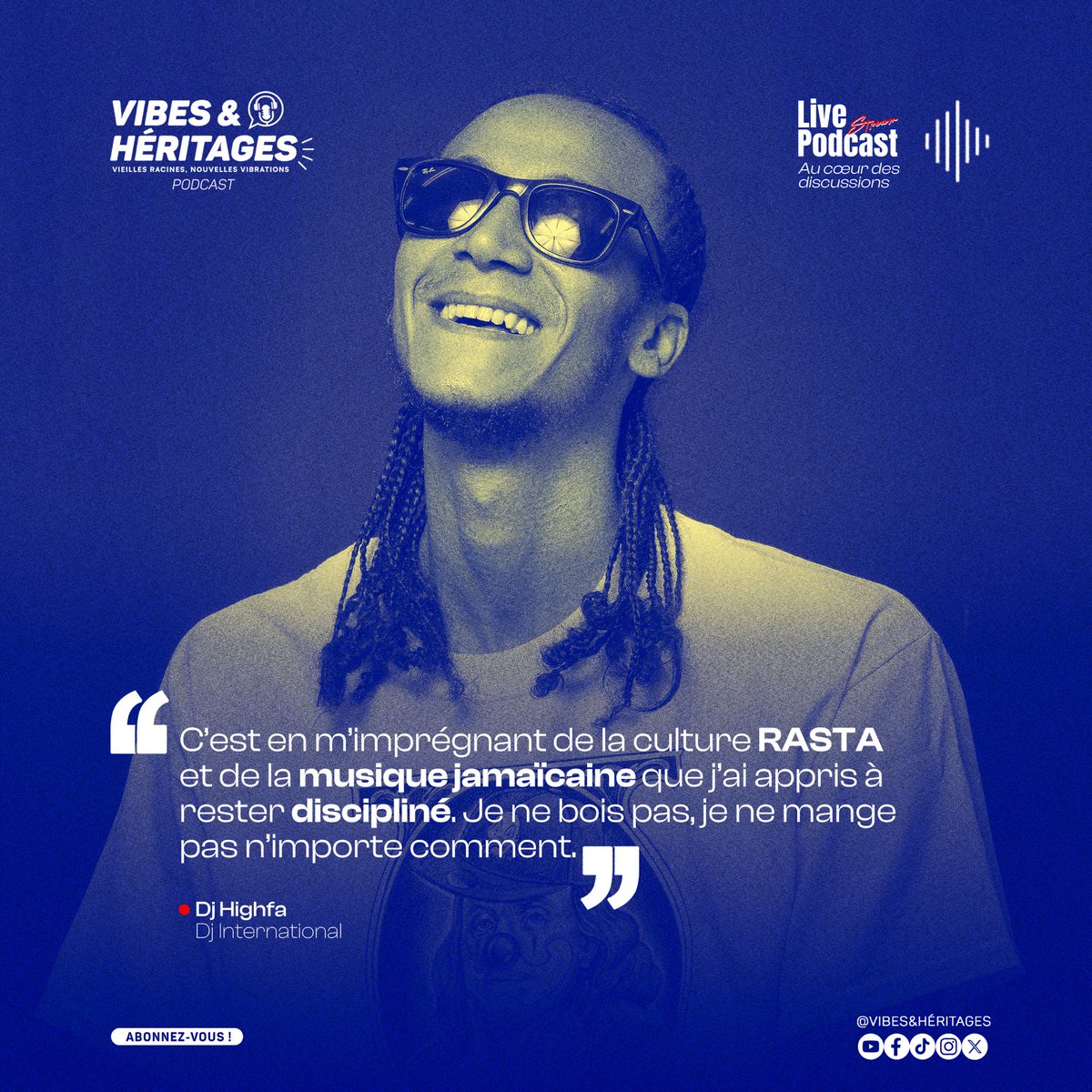 "La culture rasta a profondément façonné mon mode de vie. Elle m’a appris la rigueur, la maîtrise de soi et le respect du corps : pas d’excès, pas d’abus, une hygiène de vie consciente". 🧘 
— <a href="/Djhighfa/">Dj Highfa</a> sur Vibes &amp; Héritages