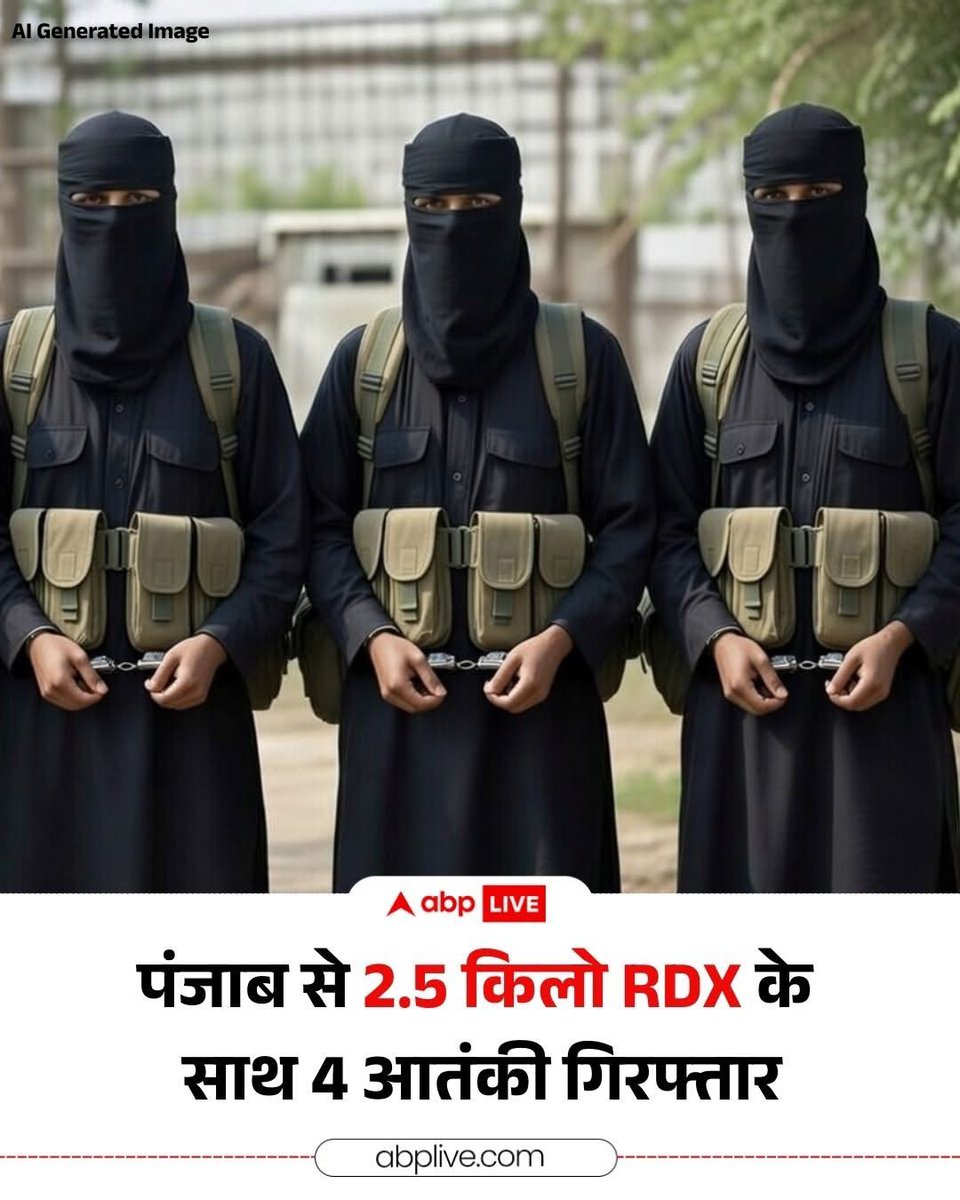 आतंकवाद के आरोप में गिरफ्तार आतंकियों के नाम दिलजोत सिंह सैनी, हरमन उर्फ हैरी, अजय उर्फ मेहरा, अर्शदीप सिंह उर्फ अरश कंडोला हैं। लेकिन इस <a href="/ABPNews/">ABP News</a> की हरामखोरी देखिए! इस मक्कार ने एआई से ऐसी तस्वीर बनाई है जो ‘दूसरों’ की है। आप  इस हरामखोरी के लिए ABP पर लानत तो भेज ही सकते हैं।