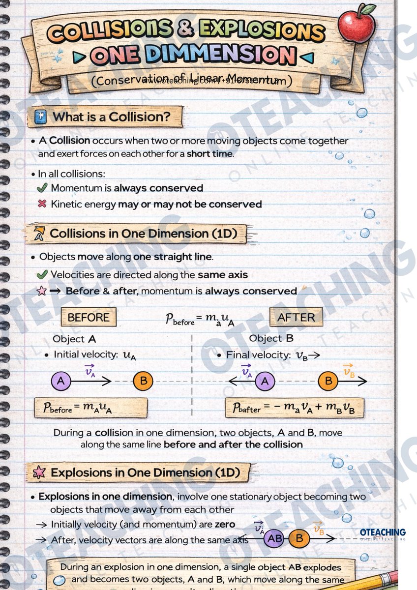 OTeachingGlobal's tweet photo. When objects collide or explode, physics never breaks its promise — and momentum is always conserved! 
Collisions &amp; Explosions in One Dimension made simple.

Master the concept. Ace the exam. 
[igcse, gcse, IB, A level, AS level, CBSE, icse, AP]

#learningmadefun #oteachingglobal https://t.co/MoKiS8UElp