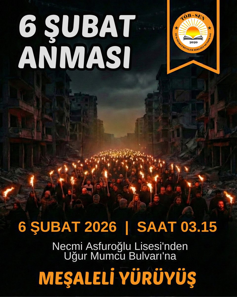 sendikatobsen's tweet photo. 6 Şubat’ın 3. Yılında: Unutmadık, Affetmiyoruz!

6 Şubat 2023’te yaşadığımız büyük felaketin üzerinden zaman geçse de, yitirdiğimiz canların acısı yüreğimizde tazeliğini koruyor. On binlerce insanımızı kaybettik, milyonlarca yurttaşımızın hayatı geri dönülmez biçimde değişti. Bizler, bu topraklarda yaşamı savunanlar olarak; unutmamak, unutturmamak ve bir daha yaşanmaması için mücadele etmek zorundayız.

Deprem kader değildir. İhmallerin, rantın ve denetimsizliğin sonucudur. Aradan geçen zamana rağmen depremle ilgili yargılamaların büyük bölümü hâlâ sonuçlanmamış, sonuçlanan birçok dosyada ise kararlar müteahhitlerin ve sorumluların lehine çıkmıştır. Bu tablo, adalet duygumuzu yaralamakta ve felaketin üzerinin örtülmek istendiğini göstermektedir.

Kaybettiklerimizi anmak, aynı zamanda sorumluları hatırlatmak ve gerçek bir adalet talebini yükseltmektir. 6 Şubat’ta yapılacak anma etkinliğimize tüm halkımızı davet ediyoruz.

"YAŞAM İÇİN,ADALET İÇİN,GÜVENLİ KENTLER İÇİN BİR ARADAYIZ"
📍Toplanma Yeri:Necmi Asfuroğlu Anadolu Lisesi(Buradan Uğur Mumcu Alanına meşaleli yürüyüş yapılacak)
🕒Toplanma Saati: 03:15
📅Tarih: 6 Şubat 2026

#6Şubat #deprem #hatay