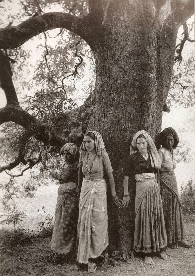 Women from the Chipko movement hugging trees to prevent them from being cut down. Garhwal, India, 1970s