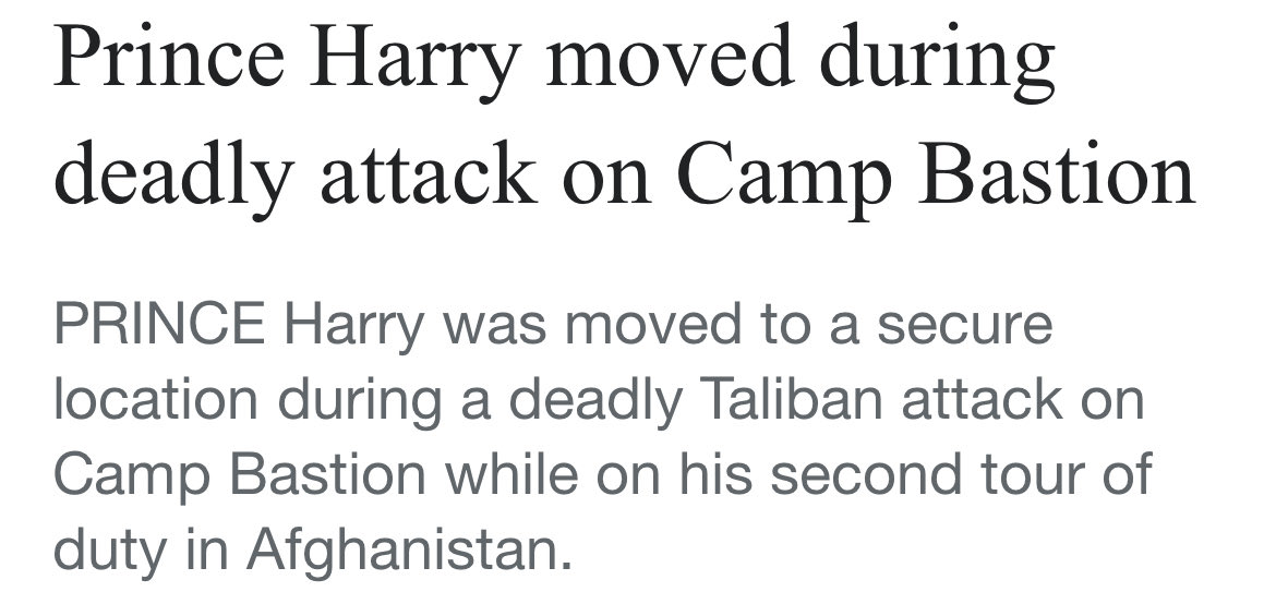 While I don’t agree with what Trump has said, let’s not rewrite history. M

Prince Harry was NEVER ON THE FRONT LINE 🤣

When Camp Bastian was attacked, he slept through it, then was moved to a safe location. 

Soldiers life’s were put in danger because he wanted PR glory.

🙄🤨