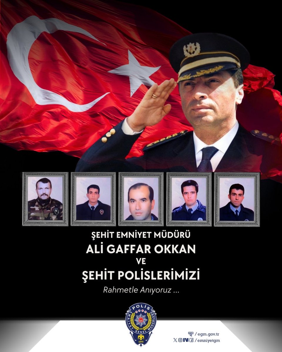 24 Ocak 2001 tarihinde uğradıkları hain saldırı sonucu şehit olan Diyarbakır Emniyet Müdürümüz Ali Gaffar Okkan ile Polis Memurlarımız Sabri Kün, Mehmet Sepetçi, Atilla Durmuş, Selahattin Baysoy ve Mehmet Kamalı’yı şehadetlerinin 25. yıl dönümünde rahmet ve saygıyla anıyoruz.
