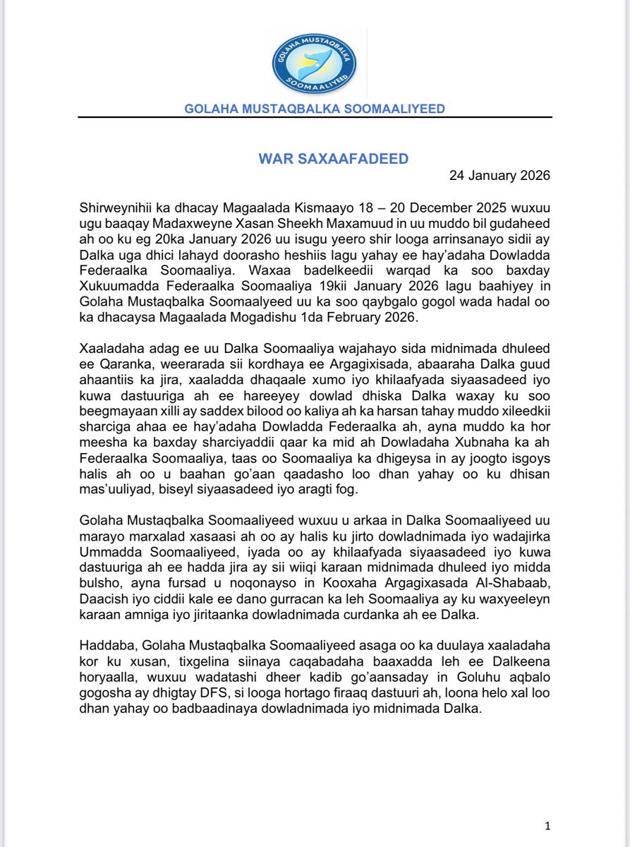 AbdiShirdoon's tweet photo. Waxaan si niyadsami leh kusoo dhawaynaynaa gogosha ay fidisay Dowladda Federaalka, annaga oo ka rajaynayna inuu Madaxweyne Xasan Sheekh la gole yimaado xal u helista arrimaha masiiriga ah ee taagan si dalka looga badbaadiyo hubanti la’aanta. https://t.co/8b12EC0Fkv