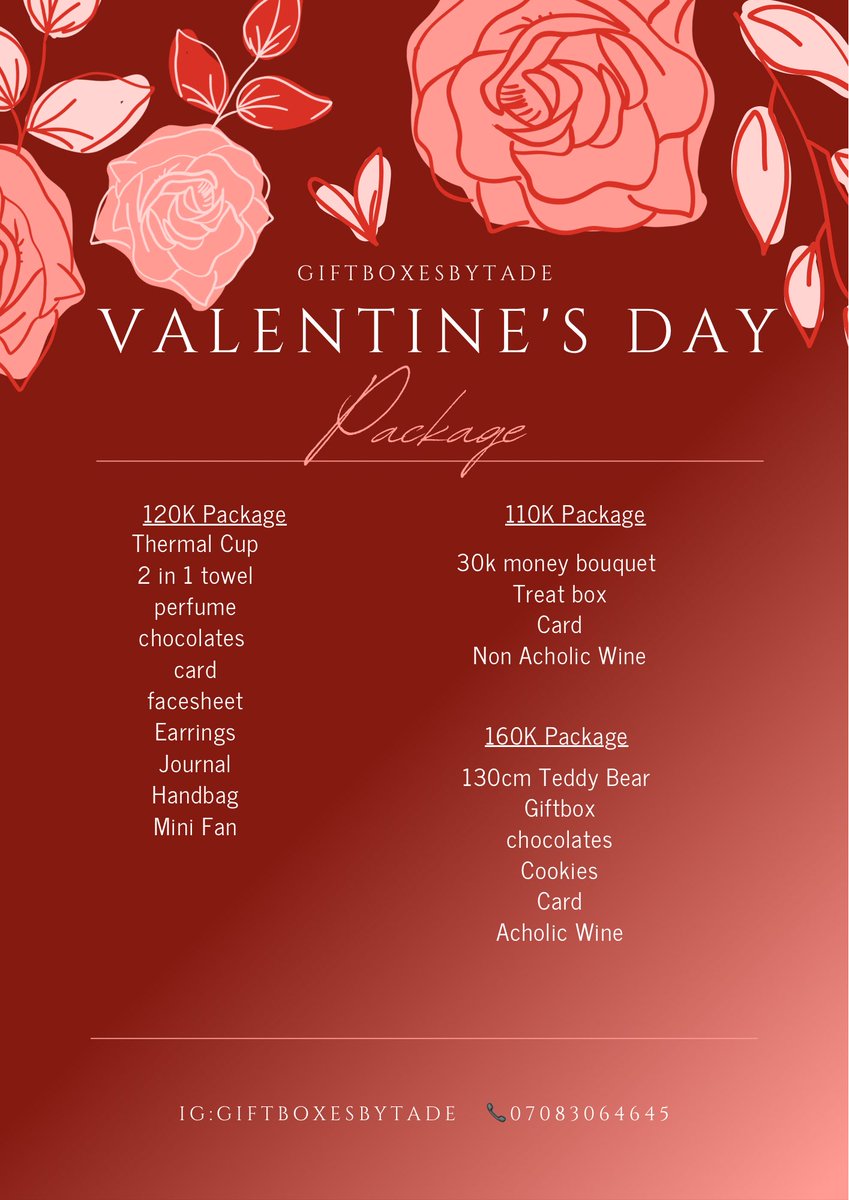 💝Treat boxes from 33K and above 
💝 Giftboxes Packages from ₦50K and above
📌 Limited slots available
🤍 Available for Valentine’s Day
🚚 Pickup &amp; delivery available
📩 Bookings ongoing

Thank you for your continued patronage and understanding 🤍