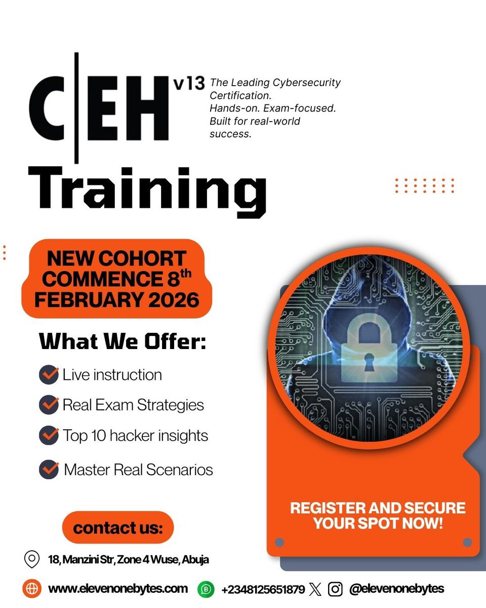 elevenonebytes's tweet photo. Looking to upskill this year?

A great way to start is by learning a future-proof skill.

Learn Ethical Hacking from a Certified Ethical Hacker Instructor, ranked #1 in the world.

If you’ve ever been curious about cybersecurity or want to break into the field, this is for you.

📌 CEHv13 Bootcamp (Virtual & Physical)
 Less theory. Full hands-on training
🎯 Prepare for both the Multiple-Choice & Practical exams

Register here:https://t.co/aucraF5x6Q