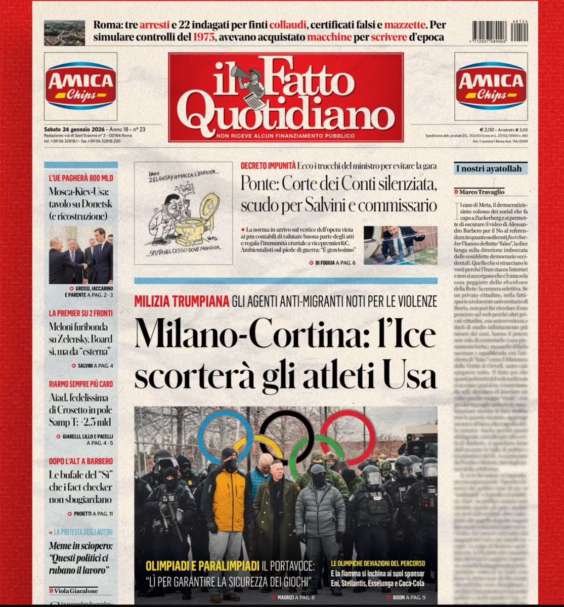 La famigerata ICE 🇺🇸, che ha già una sede a Roma, scorterà gli atleti americani alle Olimpiadi di Milano-Cortina. Loro hanno la licenza di uccidere,senza se o ma. Opereranno a casa nostra come fossero i Padroni in caso di presunta necessità. Saranno Olimpiadi di “successo” ? 🤔