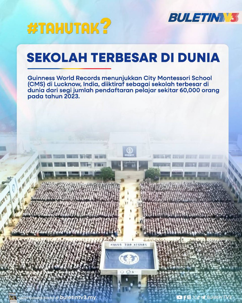 BuletinTV3's tweet image. Bukan stadium, tapi sekolah! Dengan lebih 60,000 pelajar, CMS di Lucknow, India dinobatkan sebagai sekolah terbesar di dunia.

#TahuTak #EducationFacts #GuinnessWorldRecord #TriviaSekolah #Explorepage