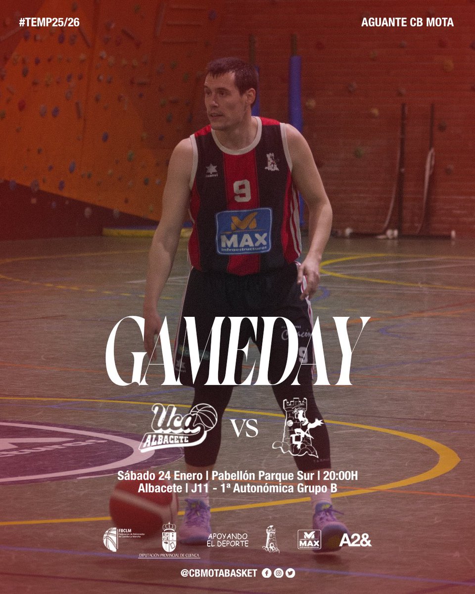 🏀🔥 GAMEDAY 🔥🏀

🏆J11
📅 Sábado 24 Enero
🕢 20:00
📍Albacete 
🏟️ Pabellón Parque Sur
🆚 <a href="/ucacb/">CB UCA</a> 

❤️🖤 #CBMota #Gameday #UnaMotaUnida #temp25_26